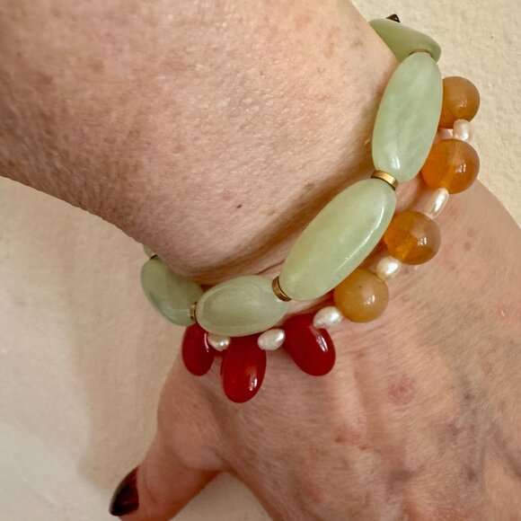 Gorgeous Handmade Aventurine, Pearls, Citrine Double Bracelet One of a Kind - Picture 3 of 9